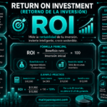 Qué es el ROI (Retorno de la Inversión), con fórmula del ROI, ejemplos resueltos, interpretación de resultados, conceptos clave y aplicaciones financieras, en diseño tecnológico con tonos turquesa neón sobre fondo oscuro.