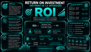 Qué es el ROI (Retorno de la Inversión), con fórmula del ROI, ejemplos resueltos, interpretación de resultados, conceptos clave y aplicaciones financieras, en diseño tecnológico con tonos turquesa neón sobre fondo oscuro.