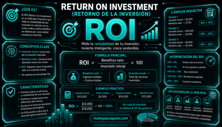 Qué es el ROI (Retorno de la Inversión), con fórmula del ROI, ejemplos resueltos, interpretación de resultados, conceptos clave y aplicaciones financieras, en diseño tecnológico con tonos turquesa neón sobre fondo oscuro.