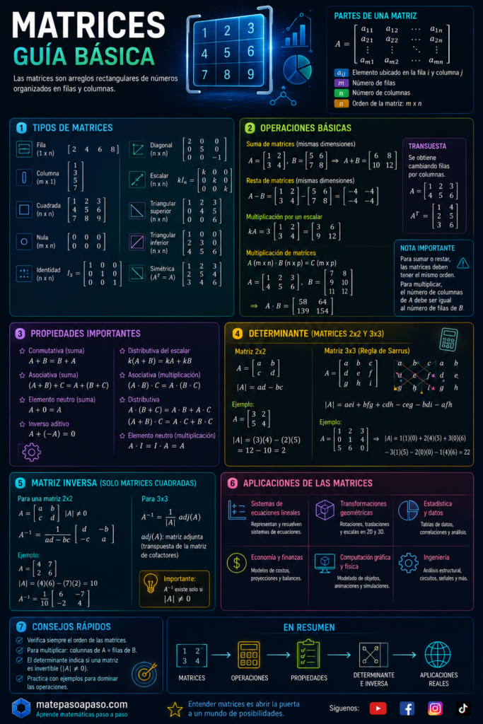 Qué son las matrices: guía básica, que explica la definición y partes de una matriz, filas, columnas y orden, tipos de matrices, operaciones básicas como suma, resta, multiplicación por escalares y multiplicación de matrices, propiedades, transpuesta, determinantes de matrices 2×2 y 3×3, matriz inversa, aplicaciones en sistemas de ecuaciones, geometría, estadística, economía, computación e ingeniería, además de consejos rápidos y un resumen visual. Diseño tecnológico con fondo oscuro, elementos luminosos y detalles en tonos azul, cian, verde, amarillo, morado y rosa.