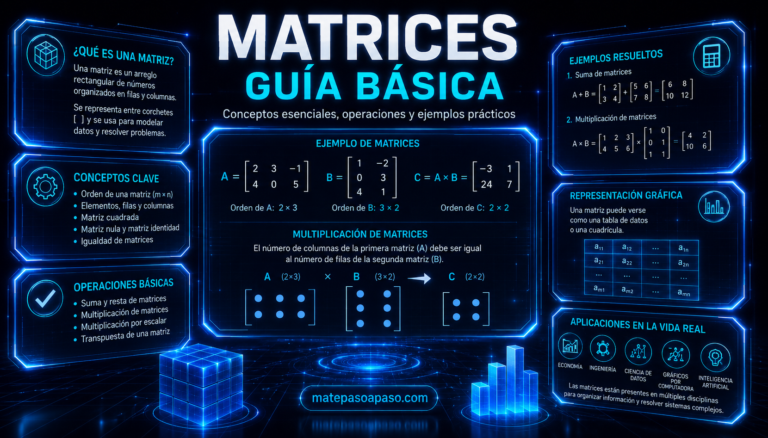 Qué son las matrices: guía básica con conceptos fundamentales, tipos de matrices, operaciones básicas, multiplicación de matrices, ejemplos resueltos y aplicaciones en economía, ingeniería, ciencia de datos, gráficos por computadora e inteligencia artificial.