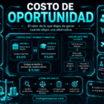 Costo de oportunidad, portada con diseño futurista en tonos turquesa neón, definición, conceptos clave, ejemplos prácticos, comparación de alternativas, pasos para tomar decisiones y aplicaciones en la vida real.
