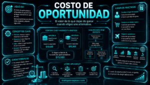 Costo de oportunidad, portada con diseño futurista en tonos turquesa neón, definición, conceptos clave, ejemplos prácticos, comparación de alternativas, pasos para tomar decisiones y aplicaciones en la vida real.
