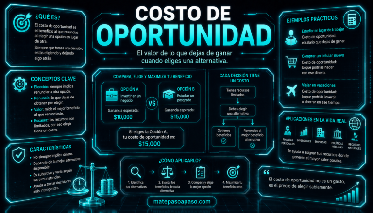 Costo de oportunidad, portada con diseño futurista en tonos turquesa neón, definición, conceptos clave, ejemplos prácticos, comparación de alternativas, pasos para tomar decisiones y aplicaciones en la vida real.