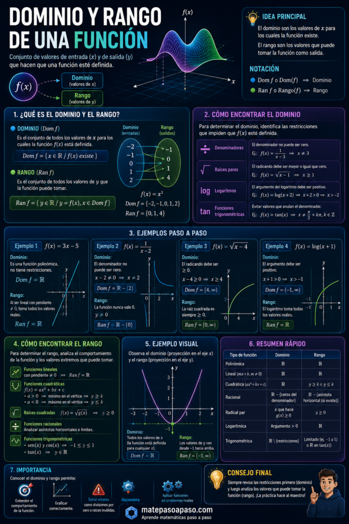 Dominio y rango de una función con una gráfica de parábola, ejemplos de funciones racionales, radicales, logarítmicas y de valor absoluto, explicaciones para determinar el dominio y el rango, infografía educativa.
