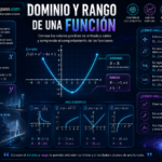 Dominio y rango de una función con una gráfica de parábola, ejemplos de funciones racionales, radicales, logarítmicas y de valor absoluto, explicaciones para determinar el dominio y el rango, aplicaciones en economía, ingeniería, física y tecnología, todo sobre un fondo tecnológico azul oscuro con el título "Dominio y Rango de una Función".