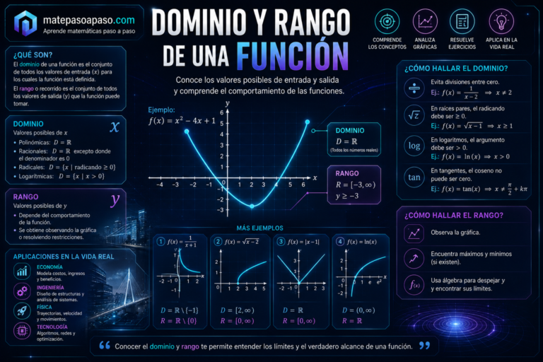 Dominio y rango de una función con una gráfica de parábola, ejemplos de funciones racionales, radicales, logarítmicas y de valor absoluto, explicaciones para determinar el dominio y el rango, aplicaciones en economía, ingeniería, física y tecnología, todo sobre un fondo tecnológico azul oscuro con el título "Dominio y Rango de una Función".