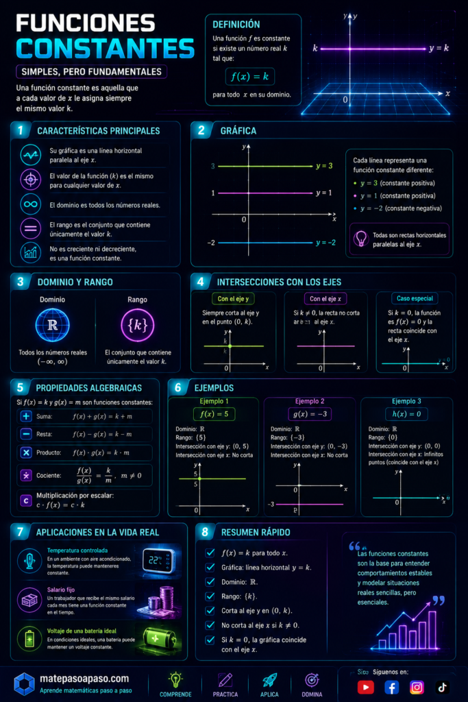 ¿Qué es una función constante? funciones constantes que explica su definición mediante f(x)=k, sus principales características, representación gráfica como una recta horizontal, dominio y rango, intersecciones con los ejes, propiedades algebraicas y ejemplos. También presenta aplicaciones en la vida real, como temperatura controlada, salario fijo y voltaje constante, junto con un resumen de los conceptos clave, en un diseño tecnológico con fondo oscuro y efectos neón en tonos azul, cian, morado y verde.