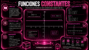 Función constante. En el centro se muestra la gráfica horizontal f(x)=c, destacando que su valor permanece constante independientemente de x. Los paneles laterales explican la definición, conceptos clave y propiedades, incluyen ejemplos resueltos y representaciones gráficas, además de aplicaciones en economía, ingeniería, física, tecnología y logística. En la parte inferior aparece la marca matepasoapaso.com.