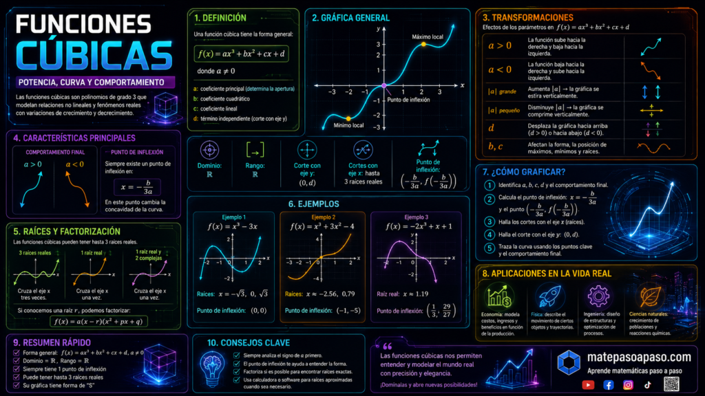 ¿Qué es una Función Cúbica?Funciones cúbicas que explica su definición y forma general, comportamiento de la gráfica, punto de inflexión, dominio y rango, raíces y factorización, transformaciones de la función, ejemplos gráficos, pasos para representarla y aplicaciones en la vida real. Presenta un diseño tecnológico en formato horizontal 16:9, con fondo oscuro, paneles luminosos, gráficos cartesianos, efectos neón en tonos azul, cian, morado, verde y naranja, además de la marca matepasoapaso.com.