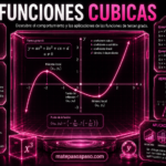 Función cúbica, con una estética tecnológica en negro y rosa neón. En el centro se muestra la gráfica de una función cúbica con sus máximos, mínimos y punto de inflexión, junto con la forma general y=ax^3+bx^2+cx+d. Los paneles laterales explican qué es una función cúbica, sus conceptos clave y propiedades, incluyen ejemplos resueltos y otra representación gráfica, además de aplicaciones en economía, ingeniería, física, tecnología y arquitectura. En la parte inferior aparece la marca matepasoapaso.com.