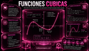 Función cúbica, con una estética tecnológica en negro y rosa neón. En el centro se muestra la gráfica de una función cúbica con sus máximos, mínimos y punto de inflexión, junto con la forma general y=ax^3+bx^2+cx+d. Los paneles laterales explican qué es una función cúbica, sus conceptos clave y propiedades, incluyen ejemplos resueltos y otra representación gráfica, además de aplicaciones en economía, ingeniería, física, tecnología y arquitectura. En la parte inferior aparece la marca matepasoapaso.com.