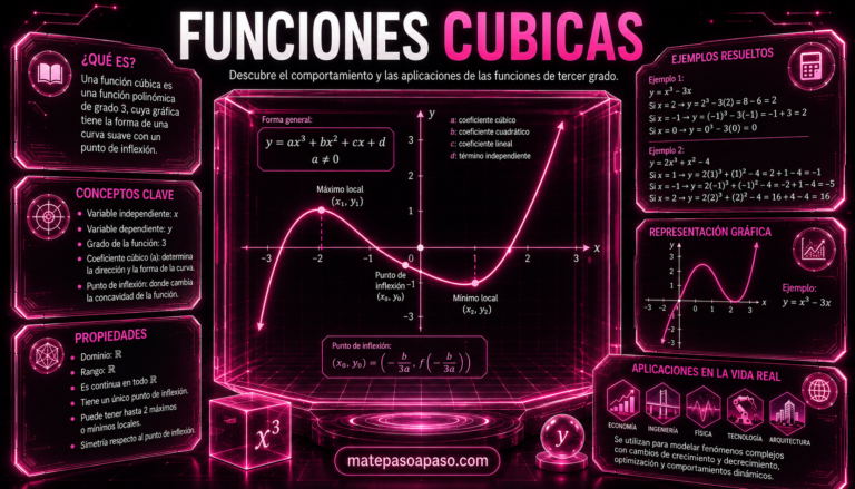 Función cúbica, con una estética tecnológica en negro y rosa neón. En el centro se muestra la gráfica de una función cúbica con sus máximos, mínimos y punto de inflexión, junto con la forma general y=ax^3+bx^2+cx+d. Los paneles laterales explican qué es una función cúbica, sus conceptos clave y propiedades, incluyen ejemplos resueltos y otra representación gráfica, además de aplicaciones en economía, ingeniería, física, tecnología y arquitectura. En la parte inferior aparece la marca matepasoapaso.com.