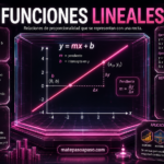 Funciones lineales, con el título “FUNCIONES LINEALES” en blanco y rosa neón. En el centro aparece una gráfica de la función y=mx+b, mostrando una recta creciente, la pendiente, el intercepto en el eje y y los cambios Δy y Δx. A los lados se presentan paneles con la definición, conceptos clave, propiedades, ejemplos resueltos, representaciones gráficas y aplicaciones de las funciones lineales en economía, ingeniería, física, tecnología y arquitectura.