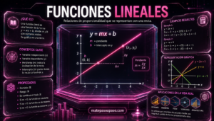 Funciones lineales, con el título “FUNCIONES LINEALES” en blanco y rosa neón. En el centro aparece una gráfica de la función y=mx+b, mostrando una recta creciente, la pendiente, el intercepto en el eje y y los cambios Δy y Δx. A los lados se presentan paneles con la definición, conceptos clave, propiedades, ejemplos resueltos, representaciones gráficas y aplicaciones de las funciones lineales en economía, ingeniería, física, tecnología y arquitectura.