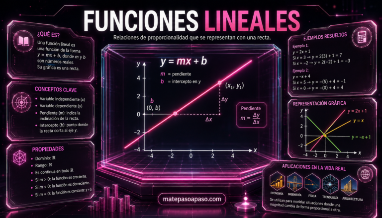 Funciones lineales, con el título “FUNCIONES LINEALES” en blanco y rosa neón. En el centro aparece una gráfica de la función y=mx+b, mostrando una recta creciente, la pendiente, el intercepto en el eje y y los cambios Δy y Δx. A los lados se presentan paneles con la definición, conceptos clave, propiedades, ejemplos resueltos, representaciones gráficas y aplicaciones de las funciones lineales en economía, ingeniería, física, tecnología y arquitectura.