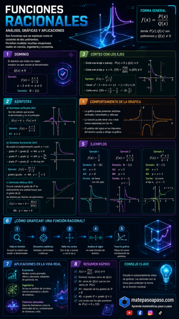 ¿Qué es una función racional? Funciones racionales. Explica la forma general f(x)=Q(x)/P(x), el dominio, los cortes con los ejes, las asíntotas verticales, horizontales y oblicuas, el comportamiento de la gráfica, ejemplos resueltos y los pasos para representar una función racional. Incluye gráficos cartesianos, efectos neón en tonos azul, cian, morado, verde y naranja, aplicaciones en economía, ingeniería y ciencias naturales, además de un resumen y consejos clave.
