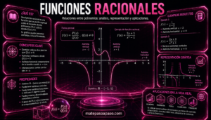 Funciones racionales. En el centro se muestra la gráfica de una función racional con asíntotas verticales y horizontal, junto con la forma general f(x)= Q(x) P(x) ​ y el dominio. Los paneles laterales explican la definición, conceptos clave y propiedades, incluyen ejemplos resueltos y una representación gráfica, además de aplicaciones en economía, ingeniería, física, tecnología y finanzas. En la parte inferior aparece la marca