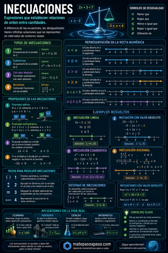 ¿Qué es una inecuación? Inecuaciones, infografía educativa, con tipos de inecuaciones, representación numérica en la recta y ejemplos variados.