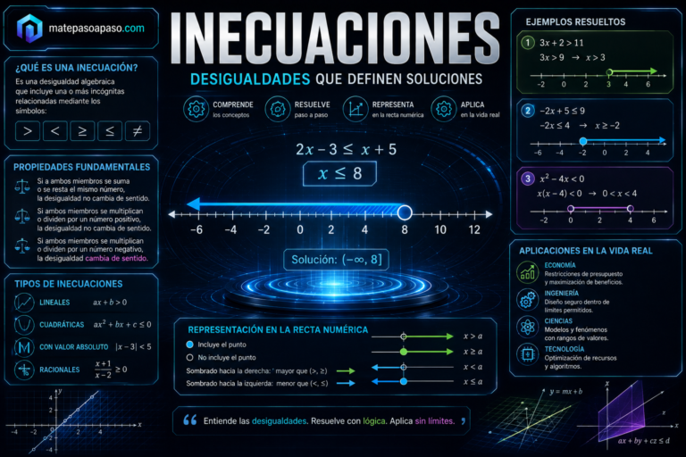 ¿Qué es una inecuación? Inecuaciones con una recta numérica interactiva que representa la solución de desigualdades, ejemplos resueltos paso a paso, símbolos de comparación, propiedades fundamentales, tipos de inecuaciones y aplicaciones en economía, ingeniería, ciencias y tecnología, todo sobre un fondo tecnológico azul oscuro con el título "Inecuaciones".