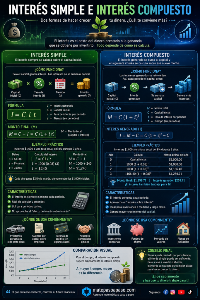 Interés simple y el interés compuesto con diseño futurista y estilo realista. Compara ambos conceptos mediante definiciones, fórmulas, ejemplos resueltos, gráficos de crecimiento del capital, características, aplicaciones financieras y una comparación visual que muestra las diferencias entre calcular intereses sobre el capital inicial y sobre el capital acumulado.