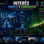 Interés simple y el interés compuesto con una comparación visual entre crecimiento lineal y crecimiento exponencial, gráficos financieros, pilas de monedas, fórmulas matemáticas, ejemplos resueltos y aplicaciones en ahorro, inversión, educación, jubilación y emprendimiento, todo sobre un fondo tecnológico azul y verde con el título "Interés Simple y Compuesto".