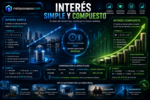 Interés simple y el interés compuesto con una comparación visual entre crecimiento lineal y crecimiento exponencial, gráficos financieros, pilas de monedas, fórmulas matemáticas, ejemplos resueltos y aplicaciones en ahorro, inversión, educación, jubilación y emprendimiento, todo sobre un fondo tecnológico azul y verde con el título "Interés Simple y Compuesto".