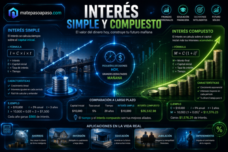 Interés simple y el interés compuesto con una comparación visual entre crecimiento lineal y crecimiento exponencial, gráficos financieros, pilas de monedas, fórmulas matemáticas, ejemplos resueltos y aplicaciones en ahorro, inversión, educación, jubilación y emprendimiento, todo sobre un fondo tecnológico azul y verde con el título "Interés Simple y Compuesto".