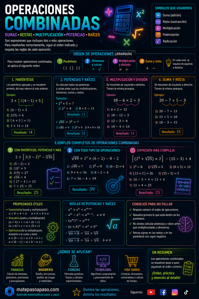 Jerarquía de las operaciones y operaciones combinadas que explica cómo resolver expresiones con sumas, restas, multiplicaciones, divisiones, potencias y raíces siguiendo correctamente la jerarquía de operaciones. Incluye el orden de resolución: paréntesis, potencias y raíces, multiplicación y división, y finalmente suma y resta. Presenta ejemplos desarrollados paso a paso, operaciones completas, propiedades útiles, reglas de potencias y raíces, consejos para evitar errores y aplicaciones en finanzas, ingeniería, ciencias, tecnología y la vida cotidiana. Diseño futurista y tecnológico con fondo oscuro y efectos neón en tonos azul, cian, verde, morado, rosa y amarillo.