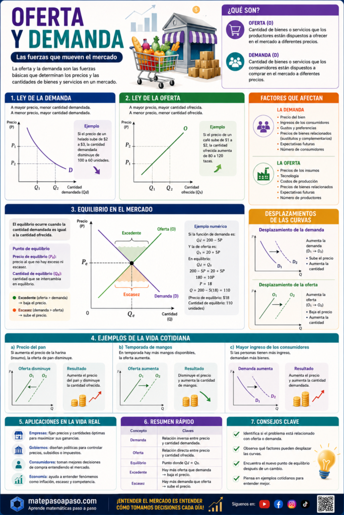 Oferta y demanda que explica sus conceptos fundamentales, las leyes de la oferta y la demanda, el equilibrio de mercado, los factores que afectan las curvas, los desplazamientos de oferta y demanda, ejemplos de la vida cotidiana, aplicaciones económicas y consejos clave, acompañada de gráficos, ilustraciones e iconos en un diseño moderno y colorido.