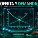 Oferta y demanda, portada con un gráfico central de las curvas de oferta y demanda que se intersectan en el punto de equilibrio. Incluye conceptos clave, propiedades, ejemplos resueltos, representación gráfica y aplicaciones de la oferta y demanda en economía, ingeniería, tecnología, agricultura y energía, con diseño tecnológico en tonos esmeralda y la marca