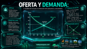 Oferta y demanda, portada con un gráfico central de las curvas de oferta y demanda que se intersectan en el punto de equilibrio. Incluye conceptos clave, propiedades, ejemplos resueltos, representación gráfica y aplicaciones de la oferta y demanda en economía, ingeniería, tecnología, agricultura y energía, con diseño tecnológico en tonos esmeralda y la marca