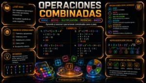 Operaciones combinadas con sumas, restas, multiplicaciones, divisiones, potencias y raíces, mostrando el orden de las operaciones, ejemplos resueltos paso a paso y representaciones matemáticas en un diseño futurista de colores neón.