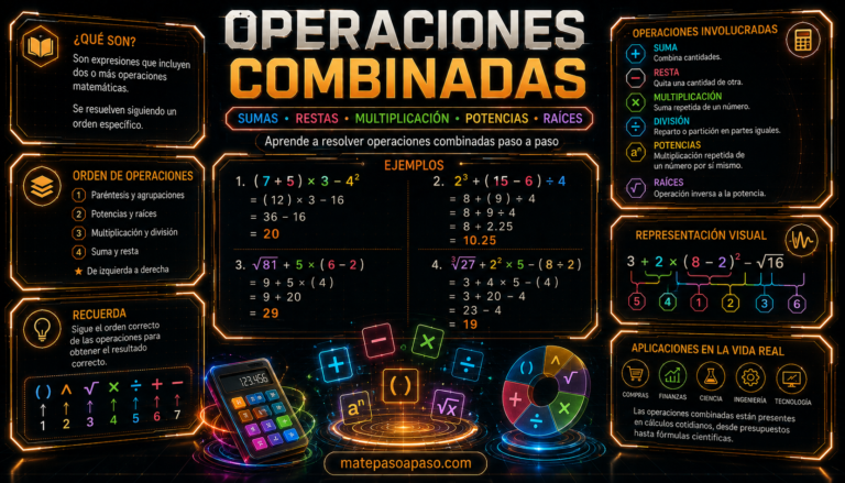 Operaciones combinadas con sumas, restas, multiplicaciones, divisiones, potencias y raíces, mostrando el orden de las operaciones, ejemplos resueltos paso a paso y representaciones matemáticas en un diseño futurista de colores neón.