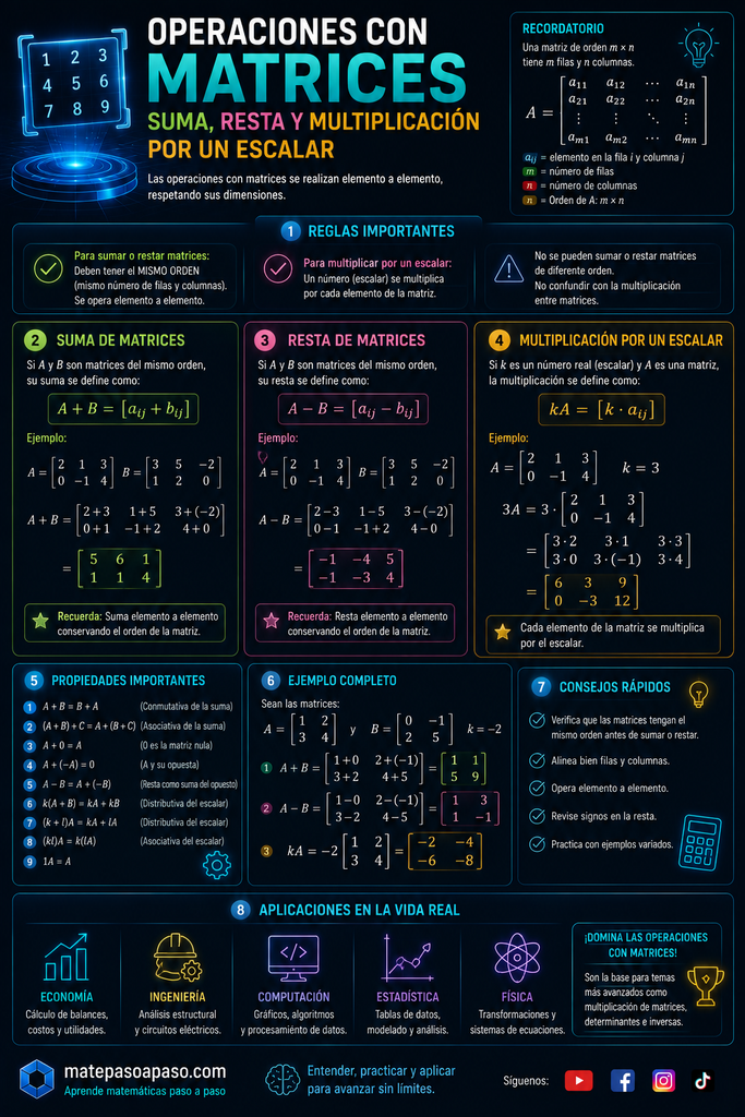 Suma de matrices, resta de matrices y multiplicación por un escalar, que explica las reglas necesarias para realizar cada operación, la condición de tener matrices del mismo orden para sumar o restar y el procedimiento para multiplicar cada elemento de una matriz por un número real. Incluye fórmulas, ejemplos desarrollados paso a paso, propiedades importantes, consejos rápidos y aplicaciones de las matrices en economía, ingeniería, computación, estadística y física. Presenta un diseño futurista y tecnológico con fondo oscuro y efectos neón en tonos azul, cian, verde, rosa y amarillo.