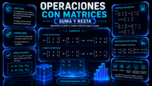 Operaciones elementales con matrices, centrada en la suma y resta de matrices, con reglas generales, condiciones, fórmulas, ejemplos resueltos paso a paso y representación visual de las operaciones elemento a elemento.