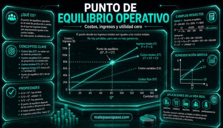 Punto de equilibrio operativo, con gráfica de costos e ingresos, ejemplos resueltos, conceptos clave, propiedades y aplicaciones empresariales.