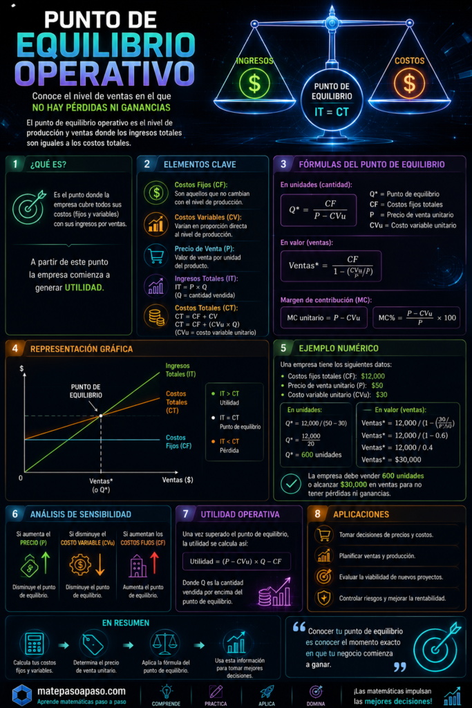 Punto de equilibrio operativo, que explica el nivel de ventas o producción en el que los ingresos totales son iguales a los costos totales. Incluye los conceptos de costos fijos y variables, ingresos, precio de venta, margen de contribución, fórmulas para calcular el punto de equilibrio en unidades y ventas, representación gráfica, ejemplo numérico, análisis de sensibilidad, utilidad operativa y aplicaciones empresariales. Presenta un diseño tecnológico con fondo oscuro y efectos neón en tonos azul, verde, morado y naranja.
