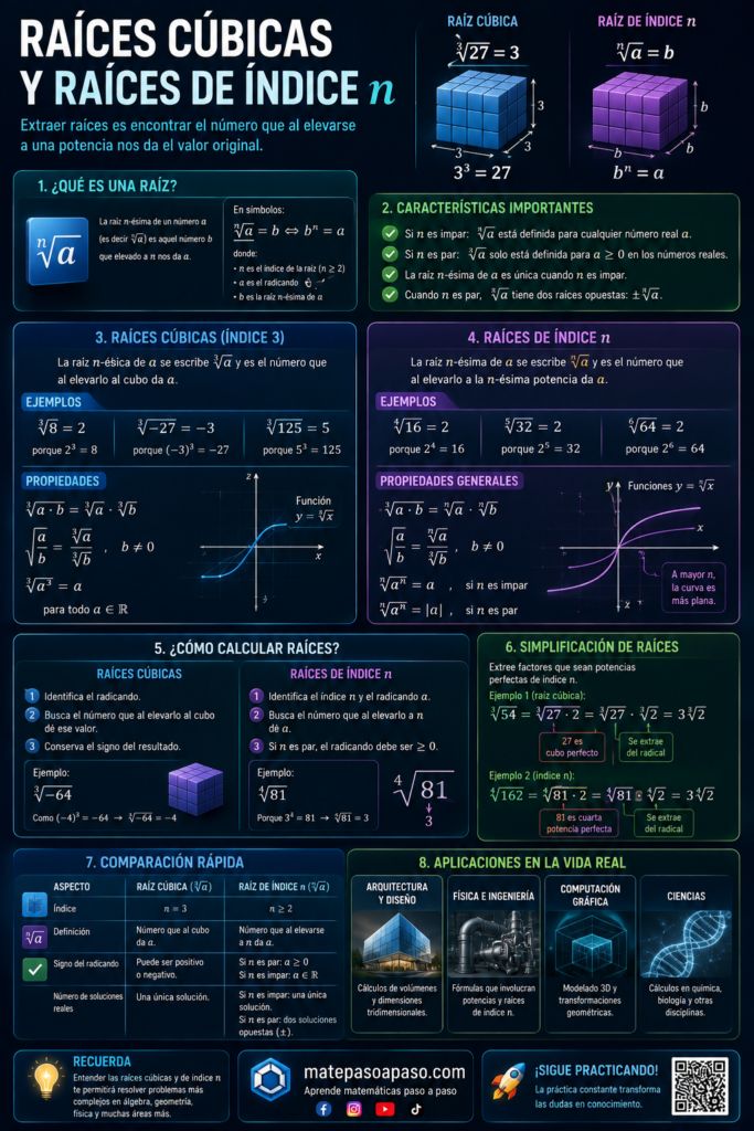 Raíz cúbica y raíces de índice n, infografía educativa, con explicaciones básicas, fórmulas y ejemplos.