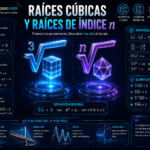 Raíz cúbica y raíces de índice n con radicales holográficos en 3D, cubos y poliedros geométricos, ejemplos resueltos, propiedades algebraicas, definición general y aplicaciones en arquitectura, ingeniería, física y tecnología, todo sobre un fondo tecnológico azul oscuro con el título "Raíces Cúbicas y Raíces de Índice n".