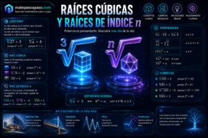 Raíz cúbica y raíces de índice n con radicales holográficos en 3D, cubos y poliedros geométricos, ejemplos resueltos, propiedades algebraicas, definición general y aplicaciones en arquitectura, ingeniería, física y tecnología, todo sobre un fondo tecnológico azul oscuro con el título "Raíces Cúbicas y Raíces de Índice n".
