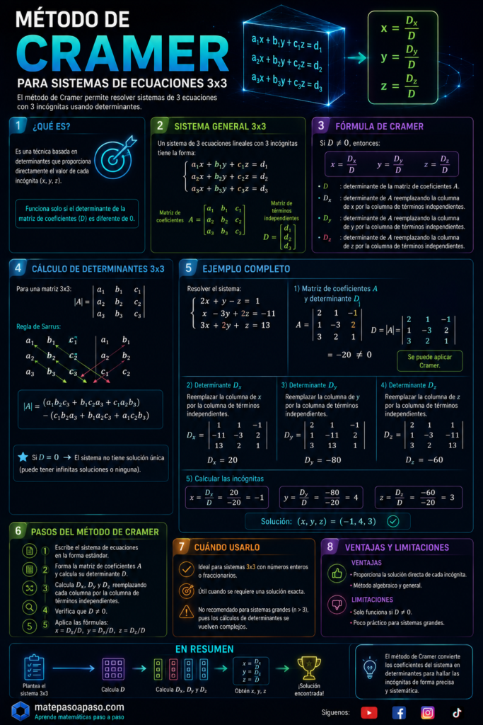 Regla de Cramer para resolver sistemas de ecuaciones 3×3, que explica el concepto, la forma general del sistema, la fórmula x=D_x
	​/D, y=D
y
	​

/D y z=D
z
	​

/D, el cálculo de determinantes mediante la regla de Sarrus y los pasos del método. Incluye un ejemplo completo resuelto paso a paso, verificación de la solución, ventajas, limitaciones y recomendaciones de uso, con diseño tecnológico de fondo oscuro y efectos neón en tonos azul, cian, verde, morado y naranja.