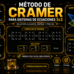 Método de Cramer para resolver sistemas de ecuaciones 3×3, con fórmulas de determinantes, pasos del método, ejemplo resuelto, solución de las incógnitas y representación geométrica de tres planos en 3D, en un diseño futurista dorado y negro.