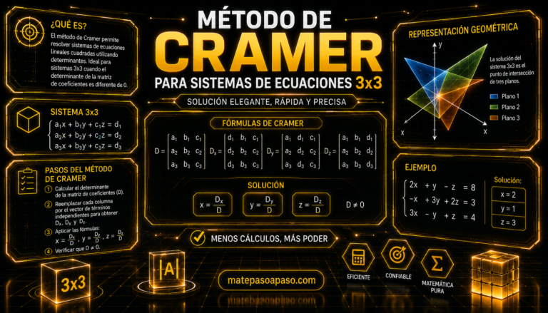 Método de Cramer para resolver sistemas de ecuaciones 3×3, con fórmulas de determinantes, pasos del método, ejemplo resuelto, solución de las incógnitas y representación geométrica de tres planos en 3D, en un diseño futurista dorado y negro.