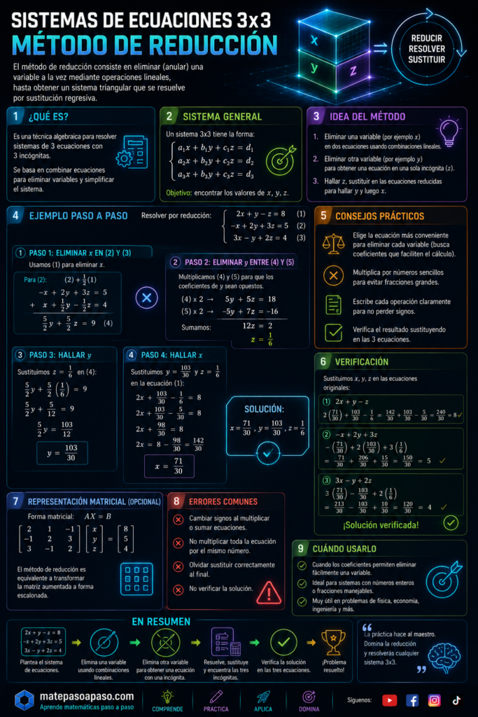 Método de reducción en sistemas de ecuaciones 3x3 resueltos mediante el método de reducción, que explica en qué consiste el método, la forma general de un sistema con tres incógnitas y el proceso paso a paso para eliminar variables hasta encontrar los valores de x, y y z. Incluye un ejemplo completo, sustitución y verificación de la solución, representación matricial opcional, consejos prácticos, errores comunes, situaciones en las que conviene utilizar este método y un resumen visual del procedimiento, con un diseño futurista de fondo oscuro y efectos neón en tonos azul, verde, morado y naranja.