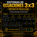 Sistemas de ecuaciones 3x3 mediante el método de reducción, con pasos para eliminar incógnitas, ejemplo resuelto, solución del sistema y representación geométrica de tres planos que se intersectan, en un diseño futurista dorado sobre fondo negro.