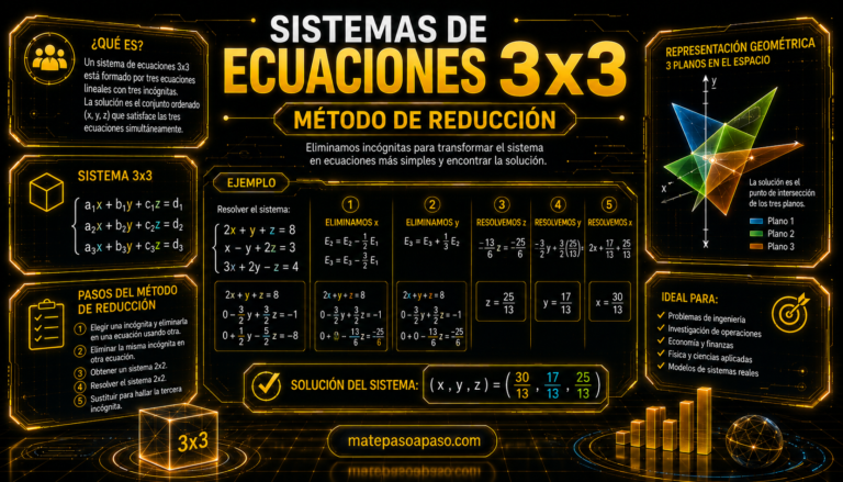 Sistemas de ecuaciones 3x3 mediante el método de reducción, con pasos para eliminar incógnitas, ejemplo resuelto, solución del sistema y representación geométrica de tres planos que se intersectan, en un diseño futurista dorado sobre fondo negro.