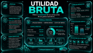 Utilidad bruta, portada con diseño futurista en tonos turquesa neón, fórmula de ventas netas menos costo de ventas, ejemplos resueltos, margen bruto, gráficos, conceptos clave y aplicaciones empresariales.