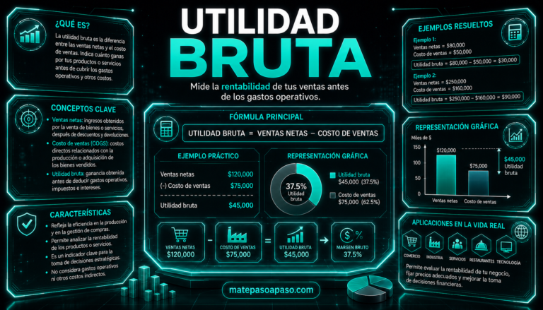Utilidad bruta, portada con diseño futurista en tonos turquesa neón, fórmula de ventas netas menos costo de ventas, ejemplos resueltos, margen bruto, gráficos, conceptos clave y aplicaciones empresariales.