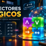 Conectores lógicos, con los símbolos de conjunción, disyunción, implicación y bicondicional representados mediante piezas holográficas de colores, tablas de verdad y expresiones matemáticas, en un entorno tecnológico con iluminación azul, dorada, verde y violeta.